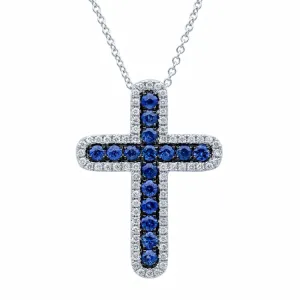 0.21ct Diamond & 0.44ct Blue Sapphire 14k White Gold Cross Necklace