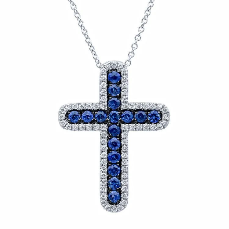 0.21ct Diamond & 0.44ct Blue Sapphire 14k White Gold Cross Necklace