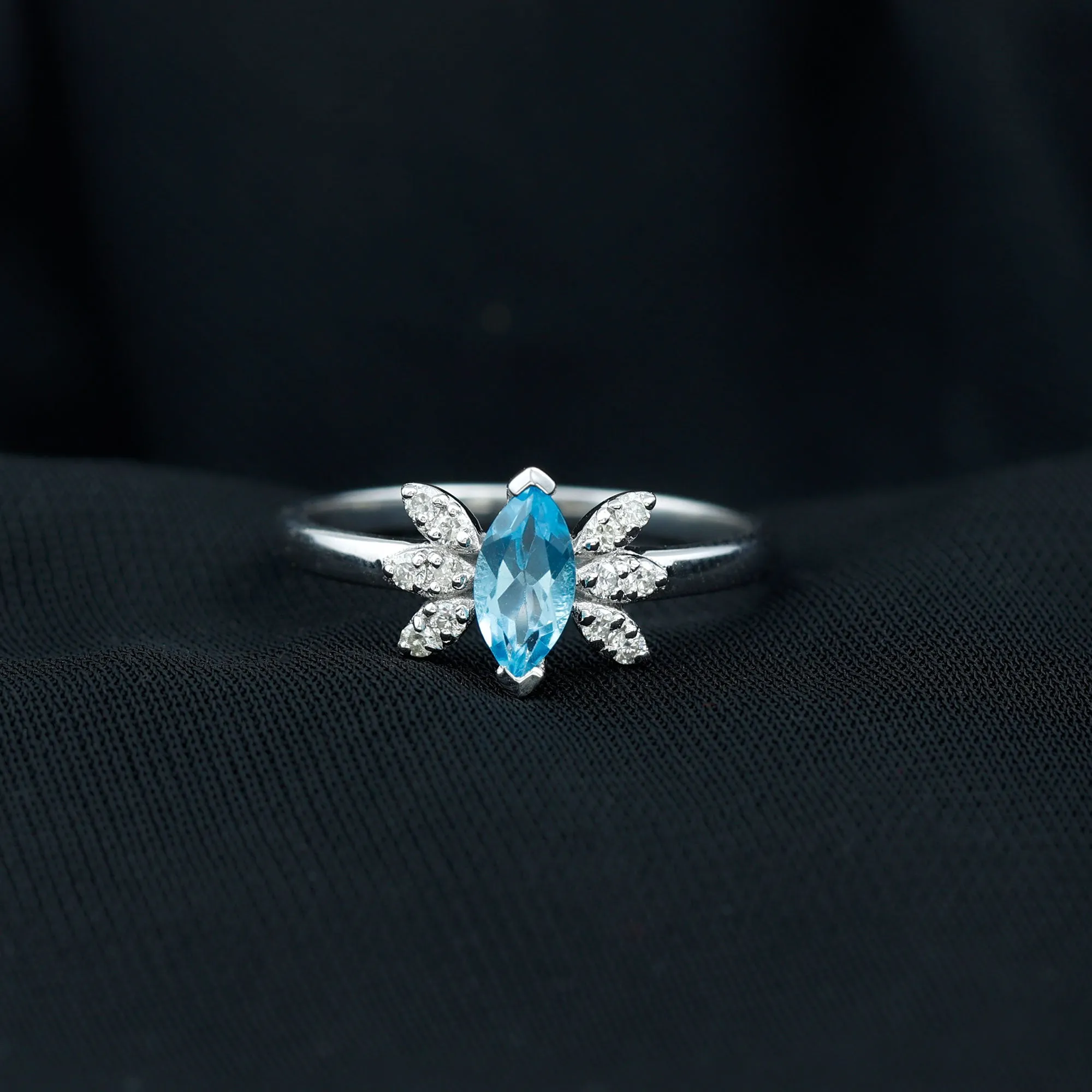 1 CT Marquise Cut Swiss Blue Topaz Promise Ring with Moissanite