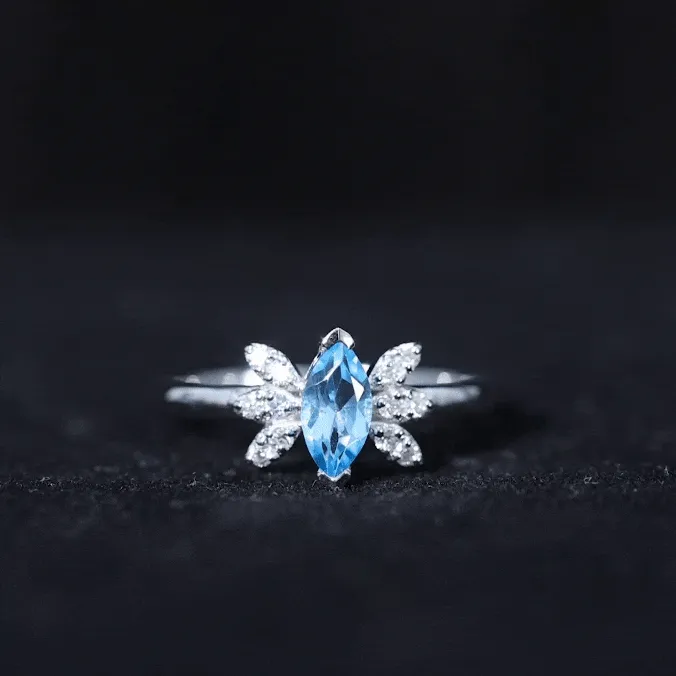 1 CT Marquise Cut Swiss Blue Topaz Promise Ring with Moissanite