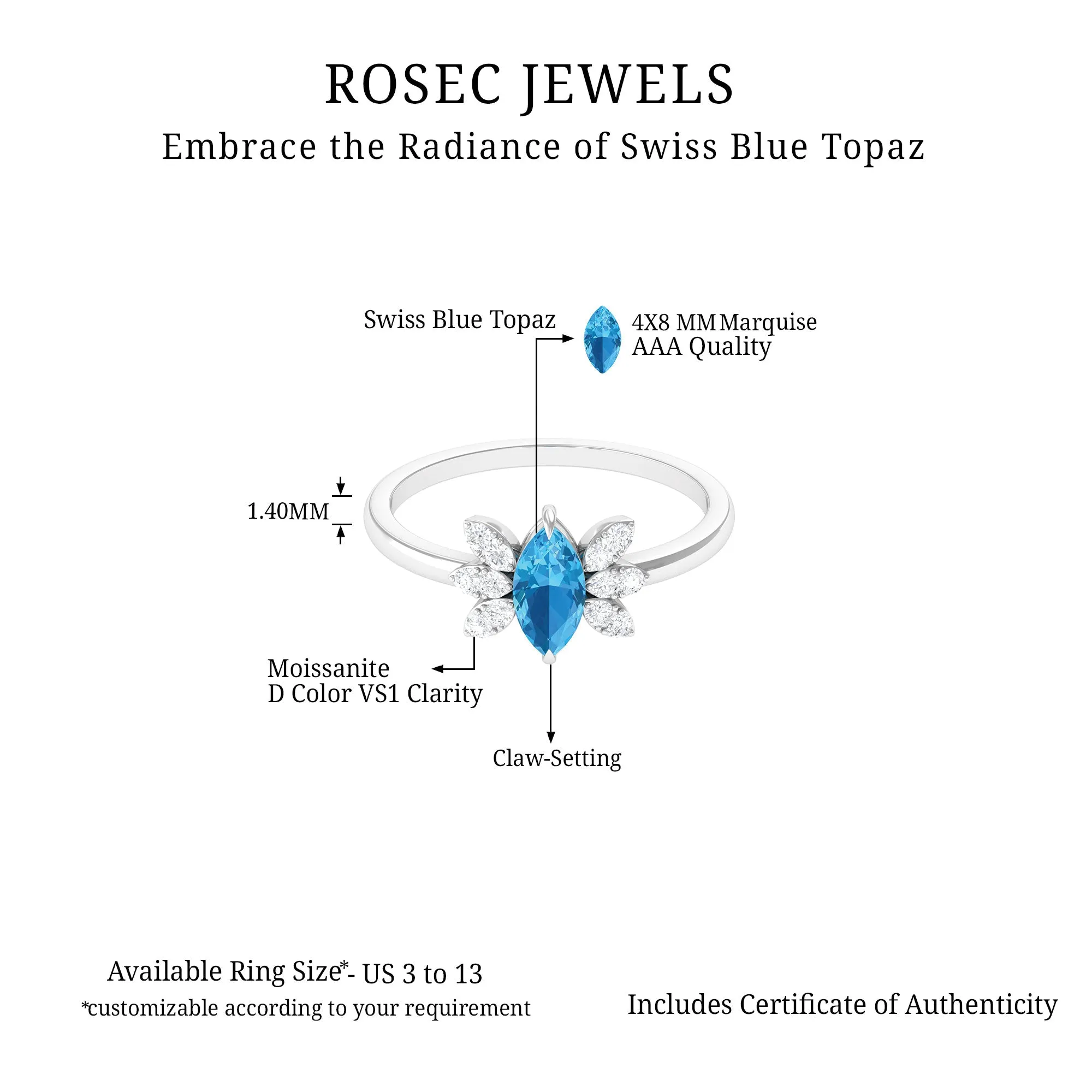 1 CT Marquise Cut Swiss Blue Topaz Promise Ring with Moissanite