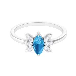 1 CT Marquise Cut Swiss Blue Topaz Promise Ring with Moissanite