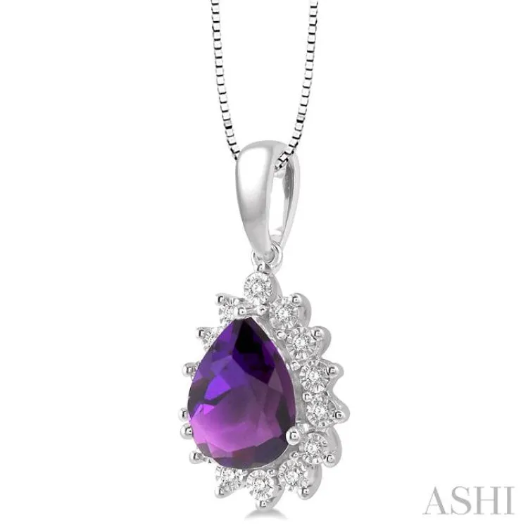 1/10 Ctw Pear Shape 9x6mm Amethyst & Round Cut Diamond Semi Precious Pendant in 10K White Gold