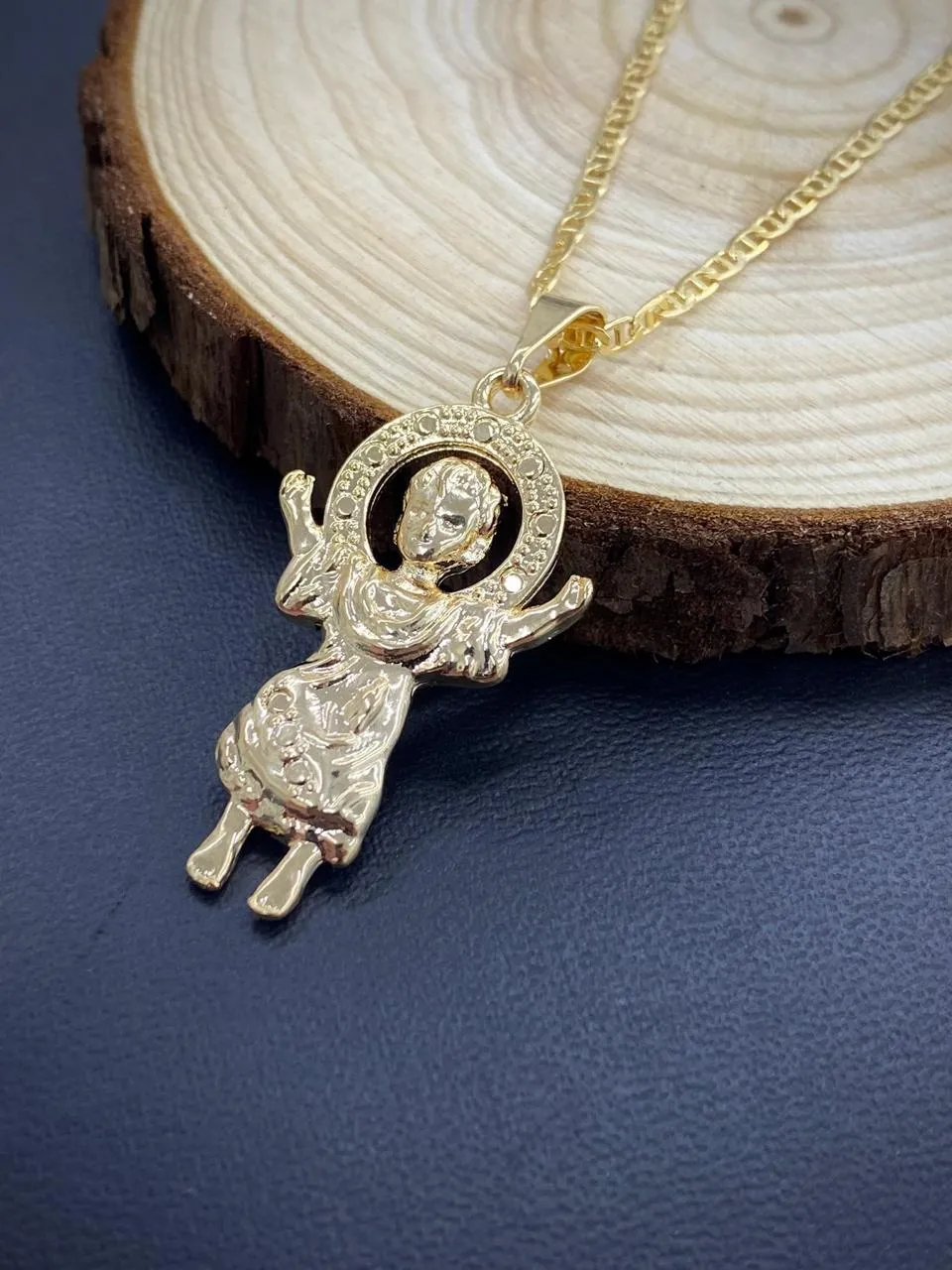 14K Gold Filled Baby Jesus Charm Pendant Necklace 34x20 for Ladies Girls Boys/Divino Nino Necklace/Mariner Link Chain 18"/Cadena Divino Nino