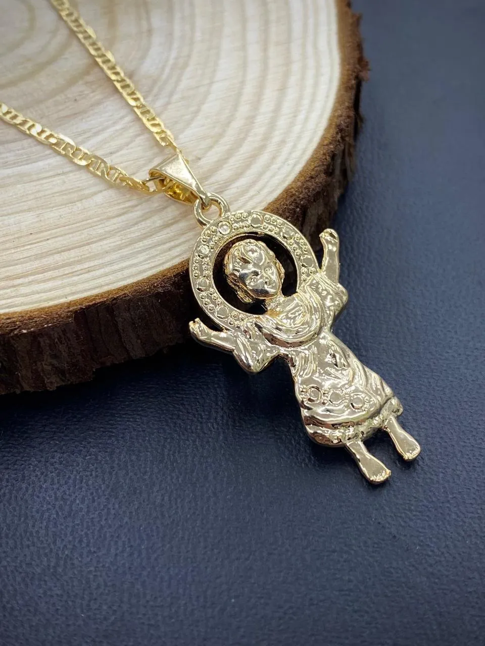 14K Gold Filled Baby Jesus Charm Pendant Necklace 34x20 for Ladies Girls Boys/Divino Nino Necklace/Mariner Link Chain 18"/Cadena Divino Nino