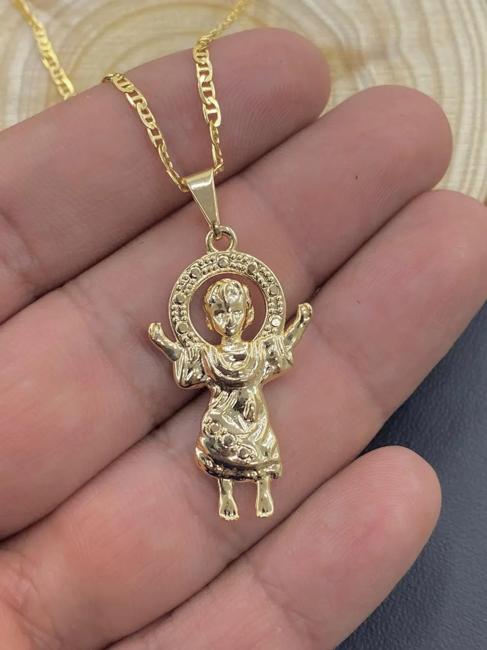 14K Gold Filled Baby Jesus Charm Pendant Necklace 34x20 for Ladies Girls Boys/Divino Nino Necklace/Mariner Link Chain 18"/Cadena Divino Nino