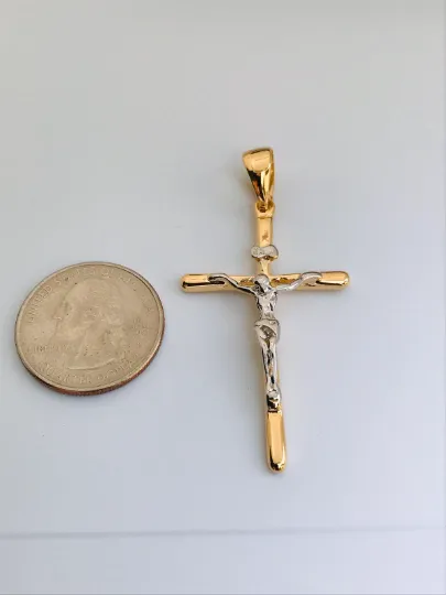 14K Gold Filled Mens Cross Pendant, Crucifix Pendants, Religious Pendant 48x28mm Rustic Cross Pendant for Gift / Dije de Cruz Oro Laminado para Hombre