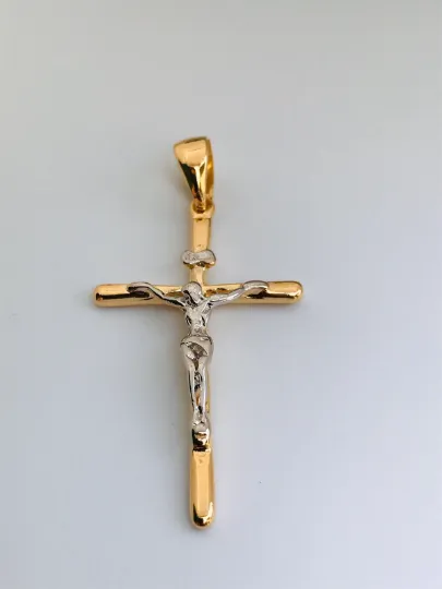 14K Gold Filled Mens Cross Pendant, Crucifix Pendants, Religious Pendant 48x28mm Rustic Cross Pendant for Gift / Dije de Cruz Oro Laminado para Hombre