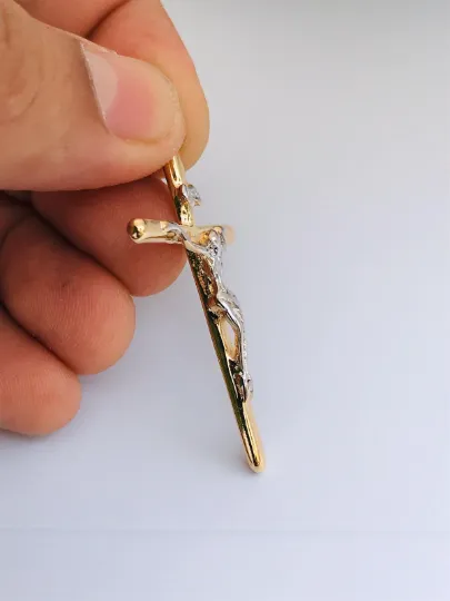 14K Gold Filled Mens Cross Pendant, Crucifix Pendants, Religious Pendant 48x28mm Rustic Cross Pendant for Gift / Dije de Cruz Oro Laminado para Hombre