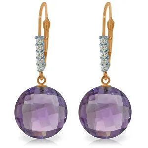 14K Solid Rose Gold Leverback Earrings Diamond & Amethyst Certified