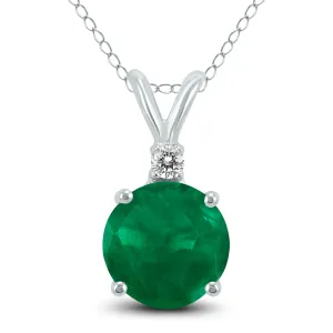 14K White Gold 5Mm Round Emerald And Diamond Pendant