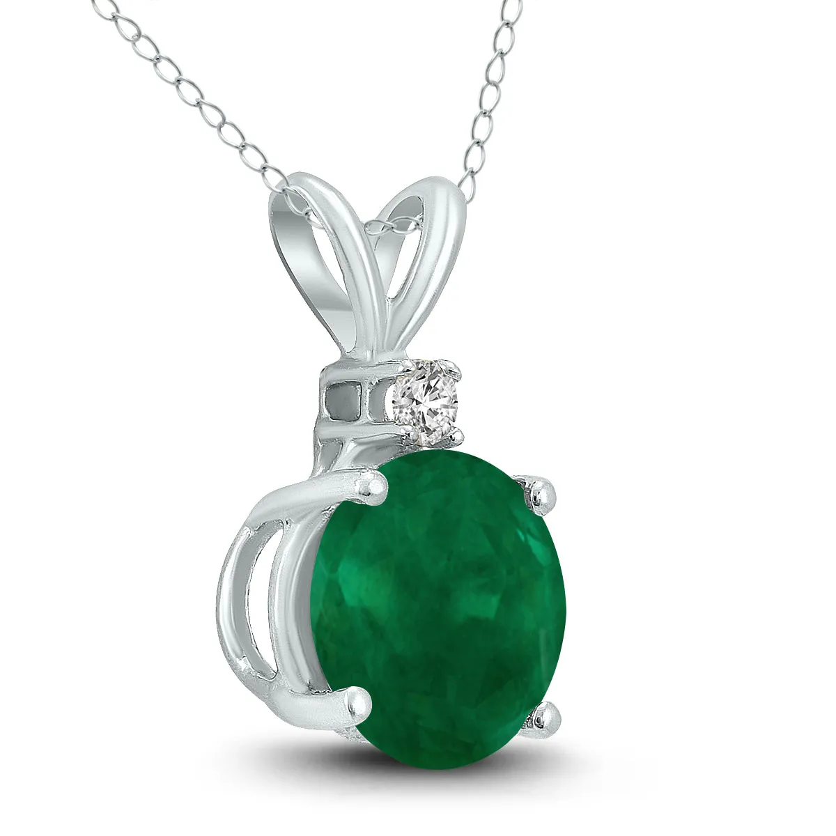 14K White Gold 5Mm Round Emerald And Diamond Pendant