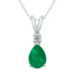 14K White Gold 6X4Mm Pear Emerald And Diamond Pendant