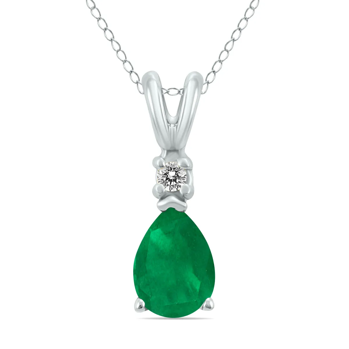 14K White Gold 6X4Mm Pear Emerald And Diamond Pendant