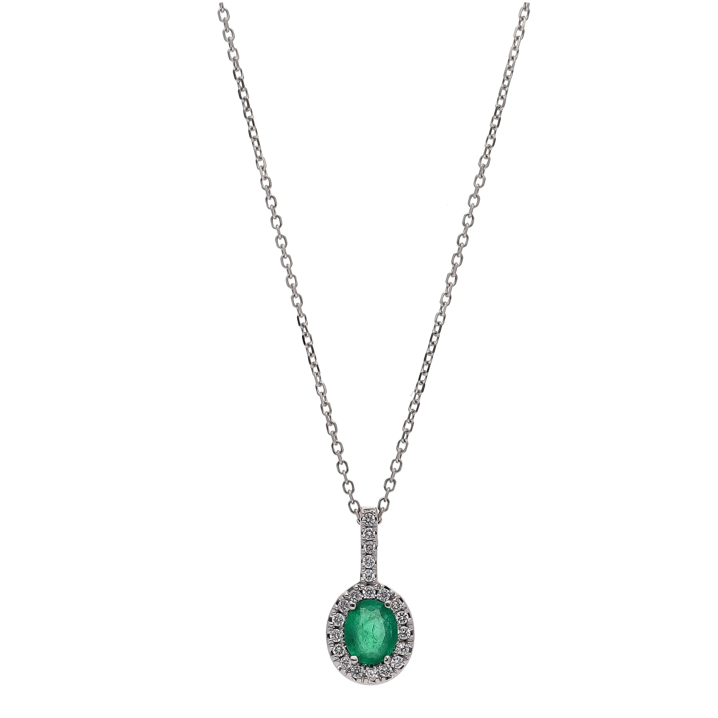 14K White Gold Oval Emerald and Diamond Pendant 16" Necklace