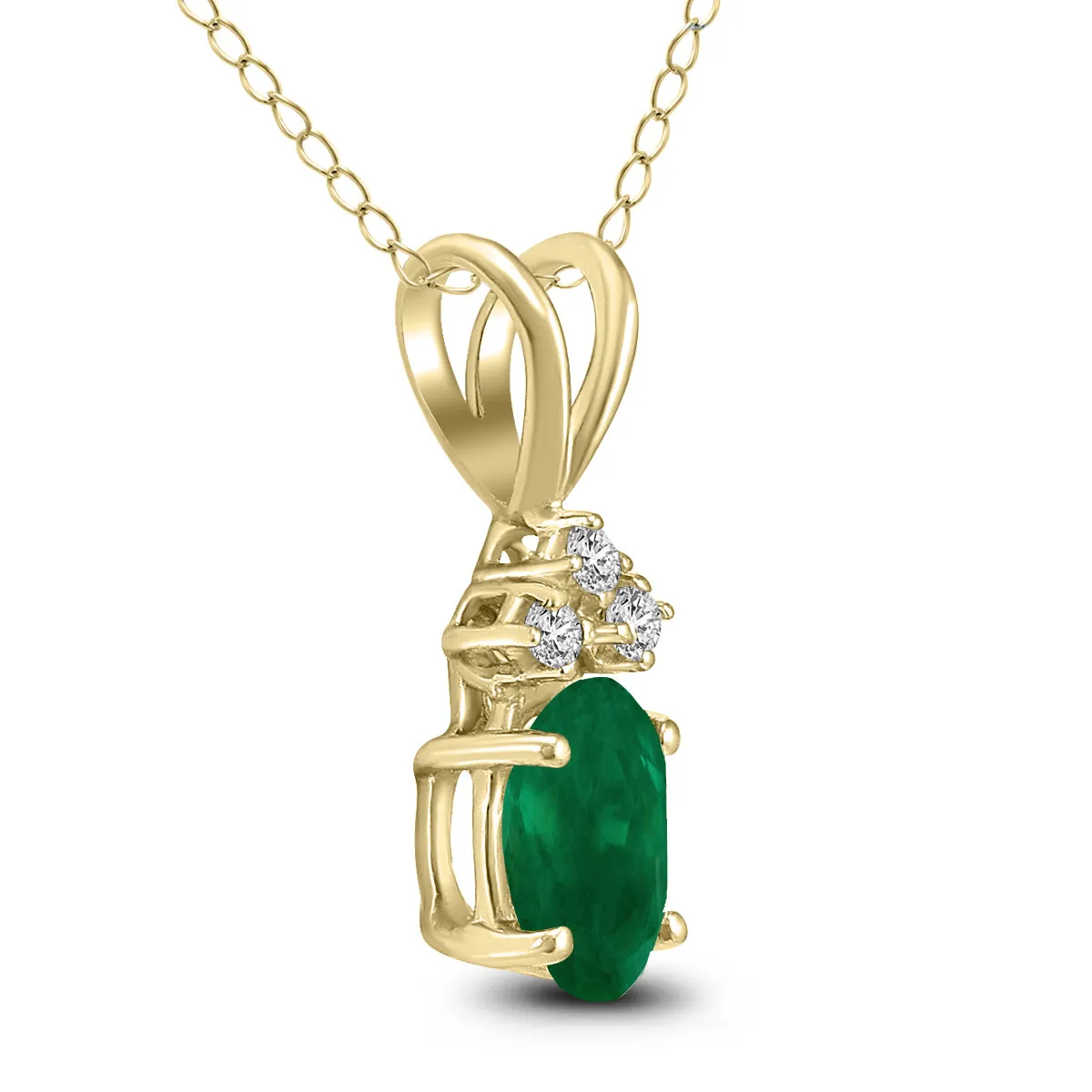 14K Yellow Gold 5X3Mm Oval Emerald And Three Stone Diamond Pendant