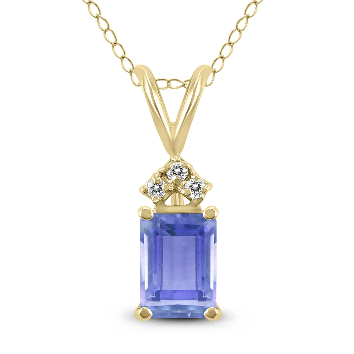 14K Yellow Gold 6X4Mm Emerald Shaped Tanzanite And Three Stone Diamond Pendant