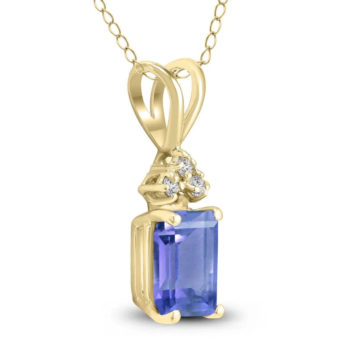 14K Yellow Gold 6X4Mm Emerald Shaped Tanzanite And Three Stone Diamond Pendant