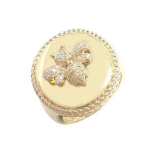 14K Yellow Gold Diamond Bee Signet Ring