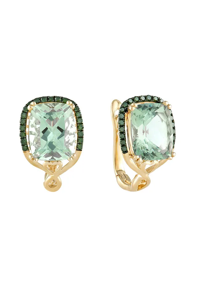 14K Yellow Gold Green Amethyst and Diamond Earrings, 5.80 TCW