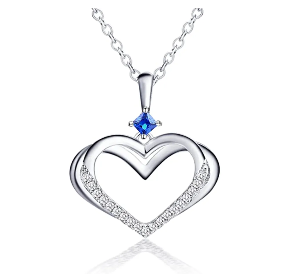 1.5 tcw Silver Blue Sapphire Crystal Heart Jewelry Charm Pendant Love Necklace Diamond Gift 925 Sterling Silver 18in.