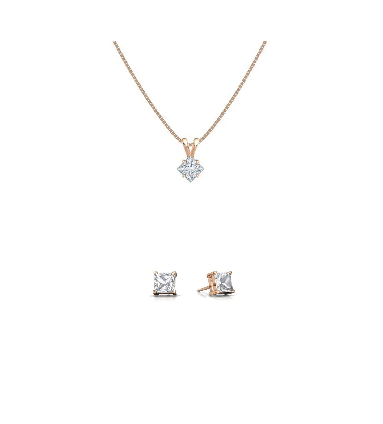 18K Rose Gold 2ct White Sapphire Square 18 Inch Necklace and Earrings Set Plated