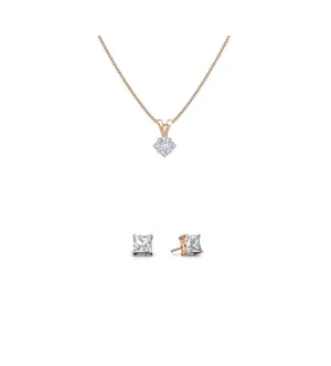 18K Rose Gold 2ct White Sapphire Square 18 Inch Necklace and Earrings Set Plated