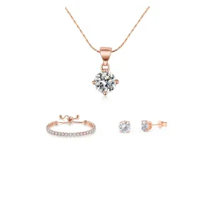 18k Rose Gold 6 Ct Round Created White Sapphire Set of Necklace, Earrings and Bracelet Plated