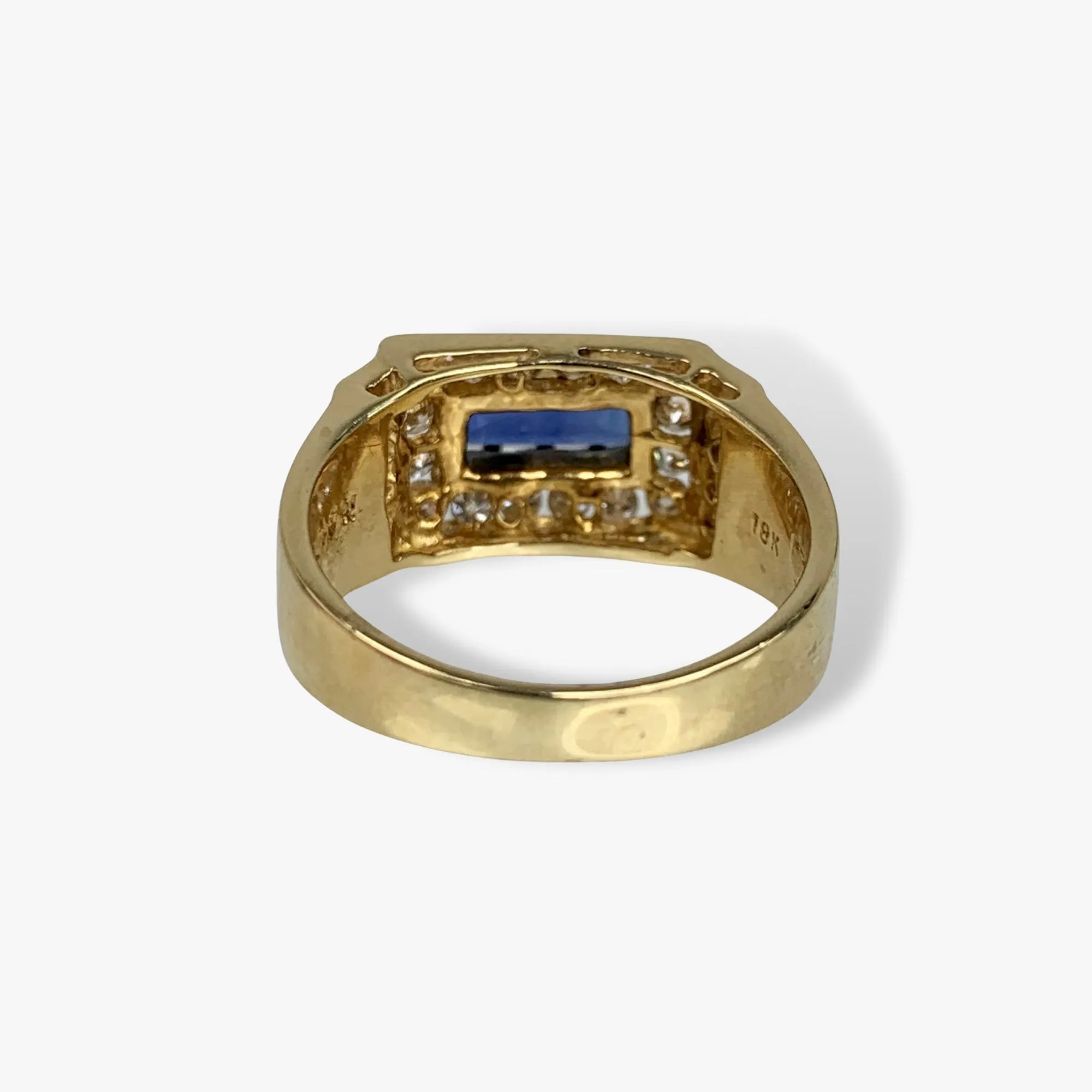 18k Yellow Gold Baguette Cut Blue Sapphire and Diamond Vintage Signet Ring