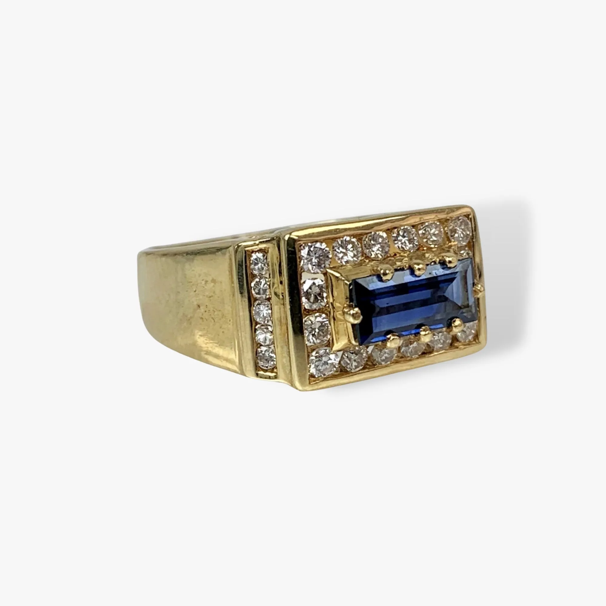 18k Yellow Gold Baguette Cut Blue Sapphire and Diamond Vintage Signet Ring