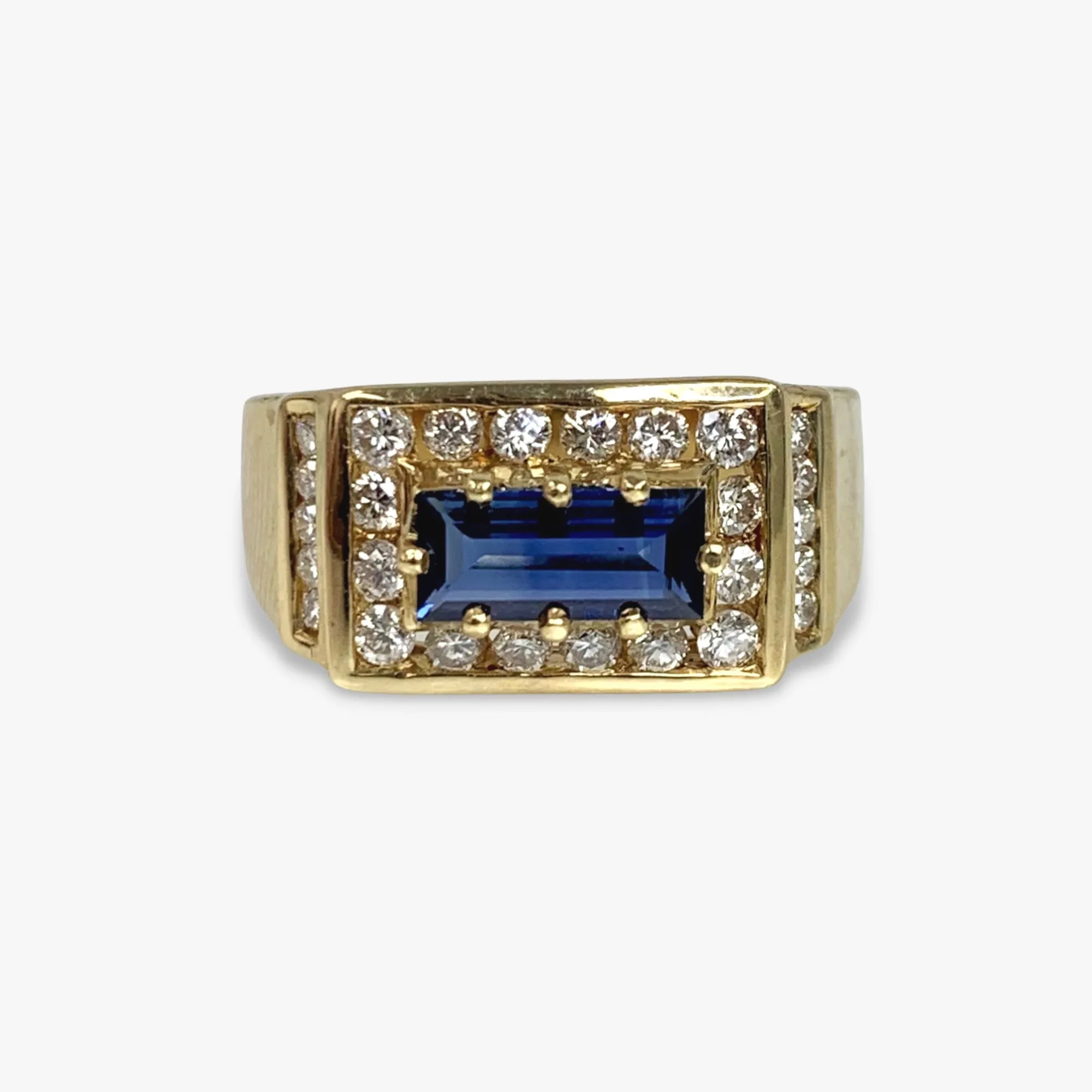 18k Yellow Gold Baguette Cut Blue Sapphire and Diamond Vintage Signet Ring