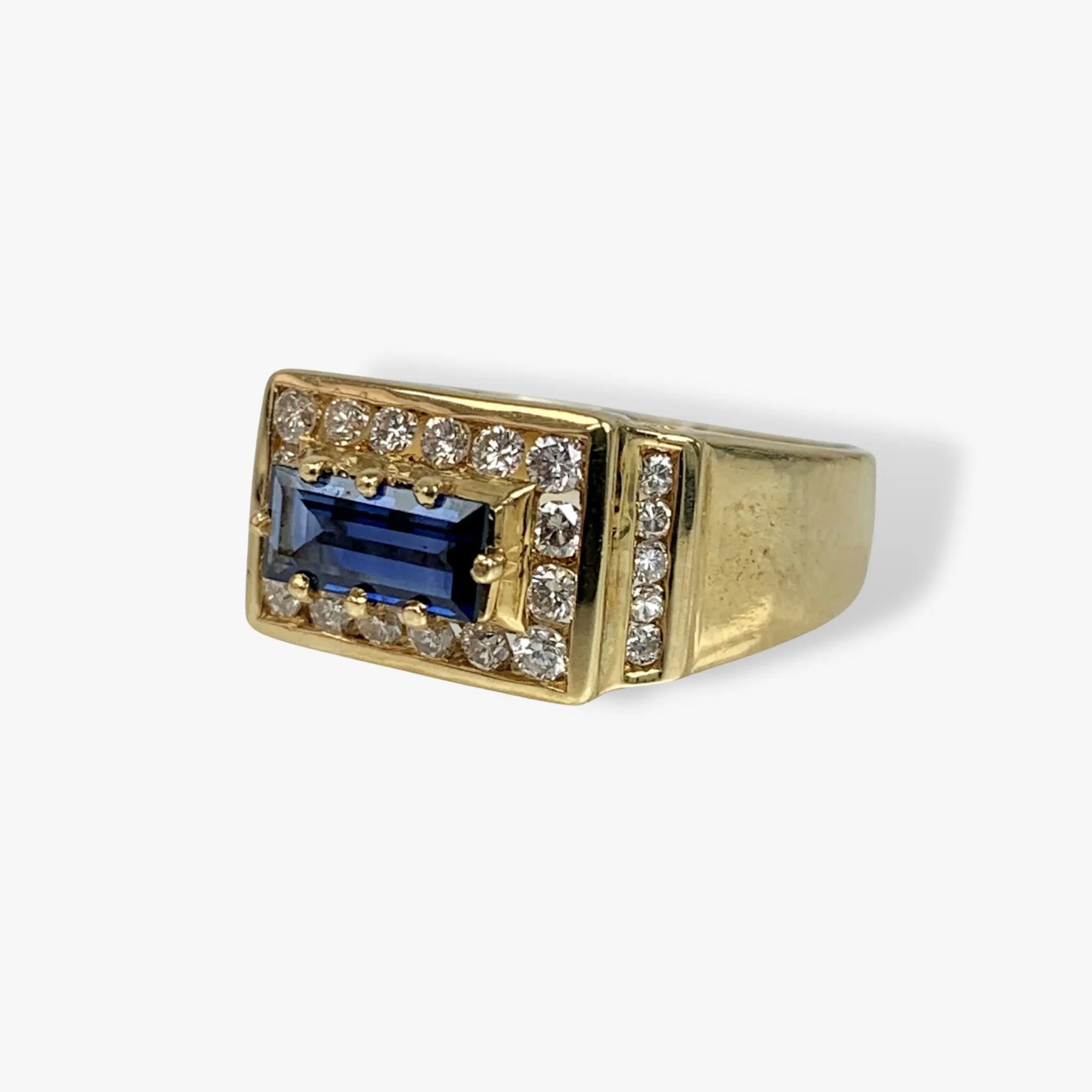 18k Yellow Gold Baguette Cut Blue Sapphire and Diamond Vintage Signet Ring