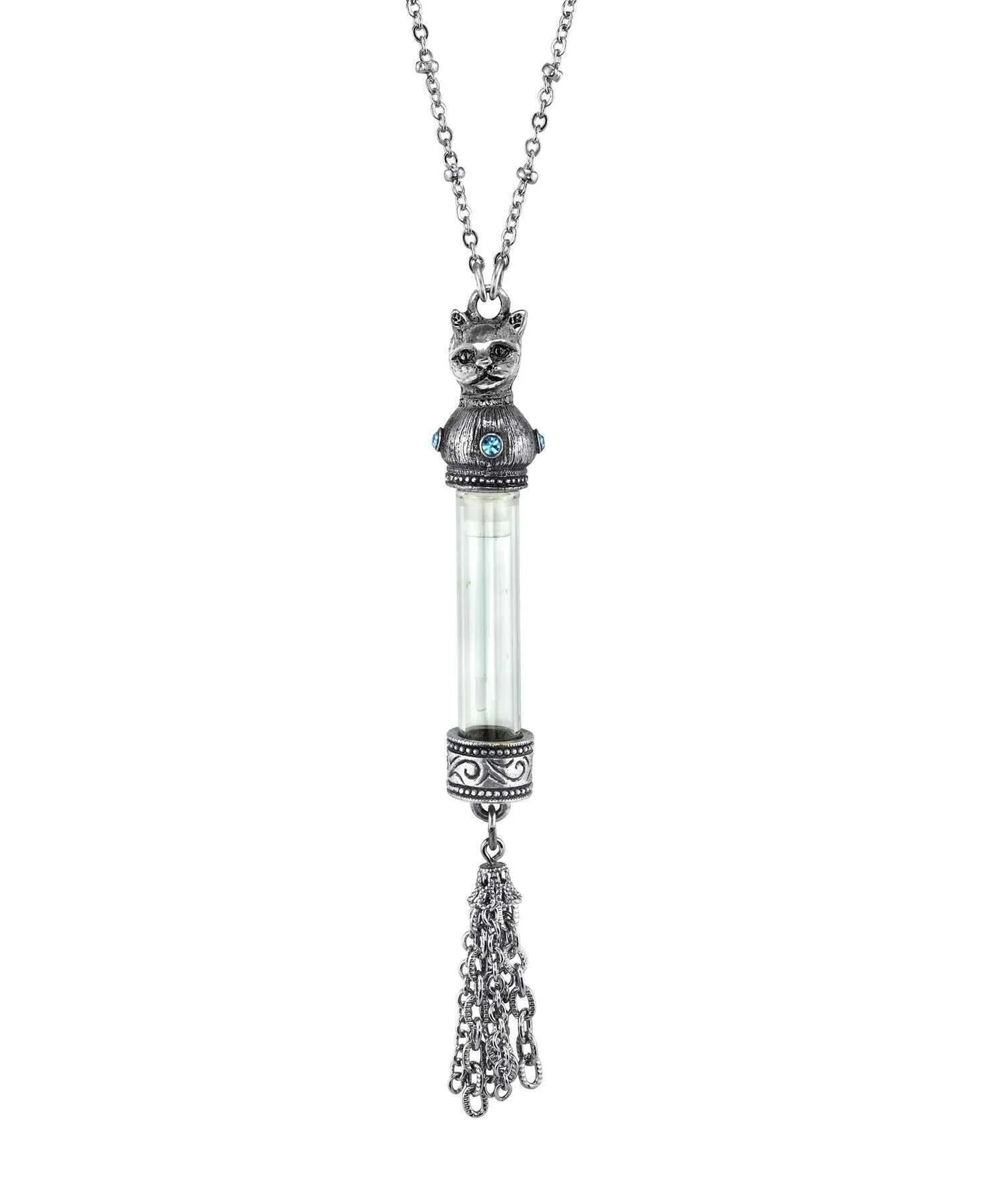 1928 Jewelry Antiqued Cat Light Blue Crystal Vial Glass Tassel Necklace 30"