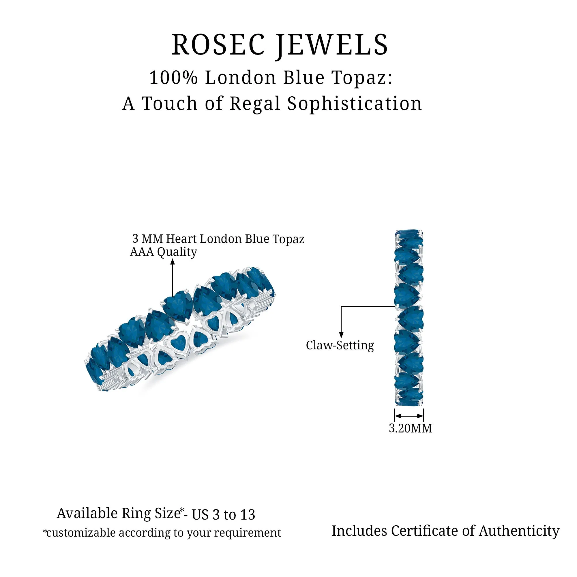 6 CT Heart Shape London Blue Topaz Eternity Band Ring