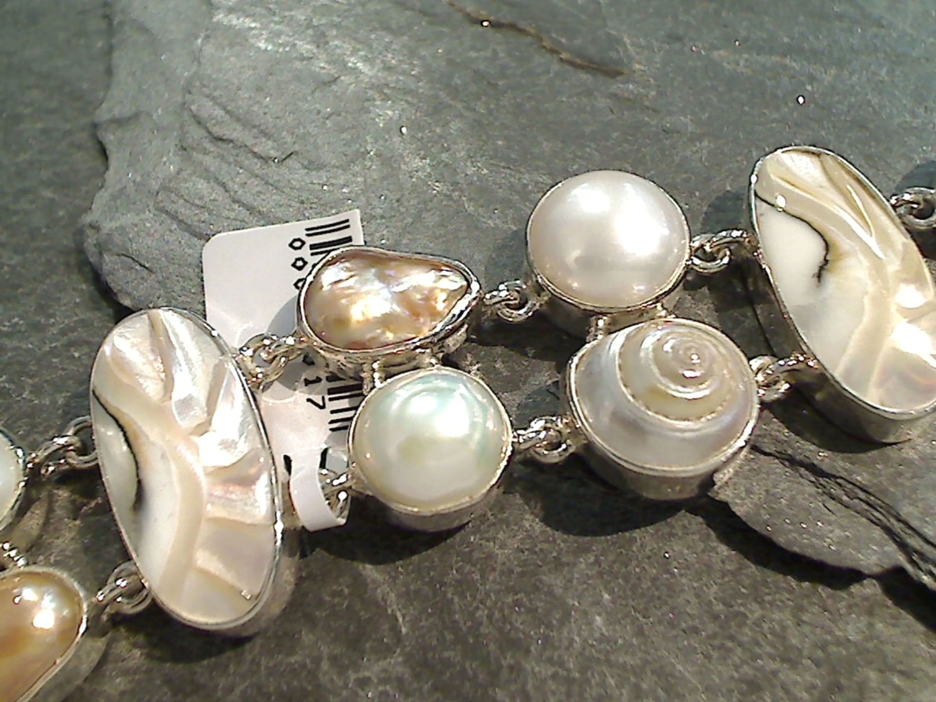 7" Shells, Pearls, Sterling Silver Bracelet