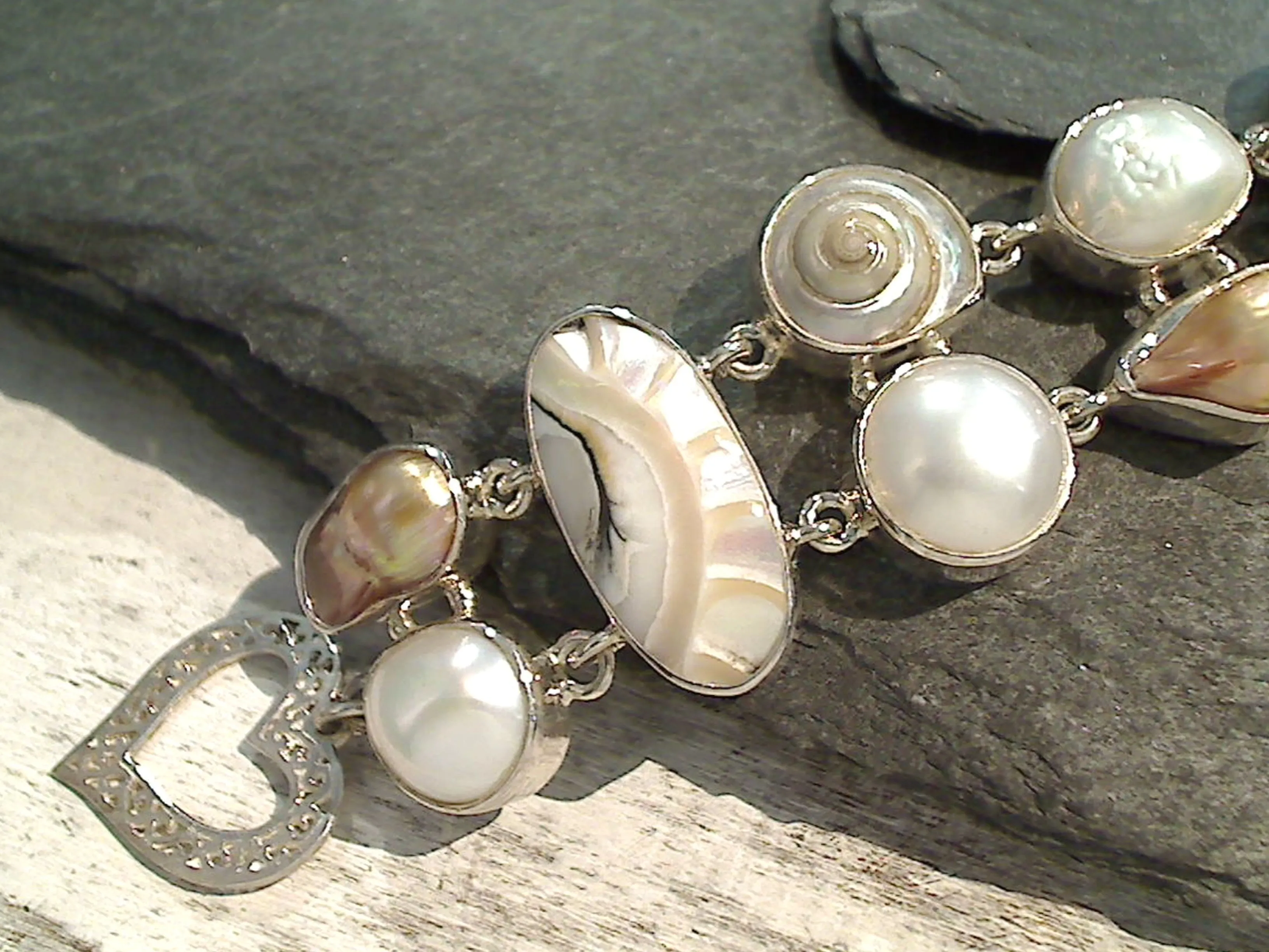 7" Shells, Pearls, Sterling Silver Bracelet