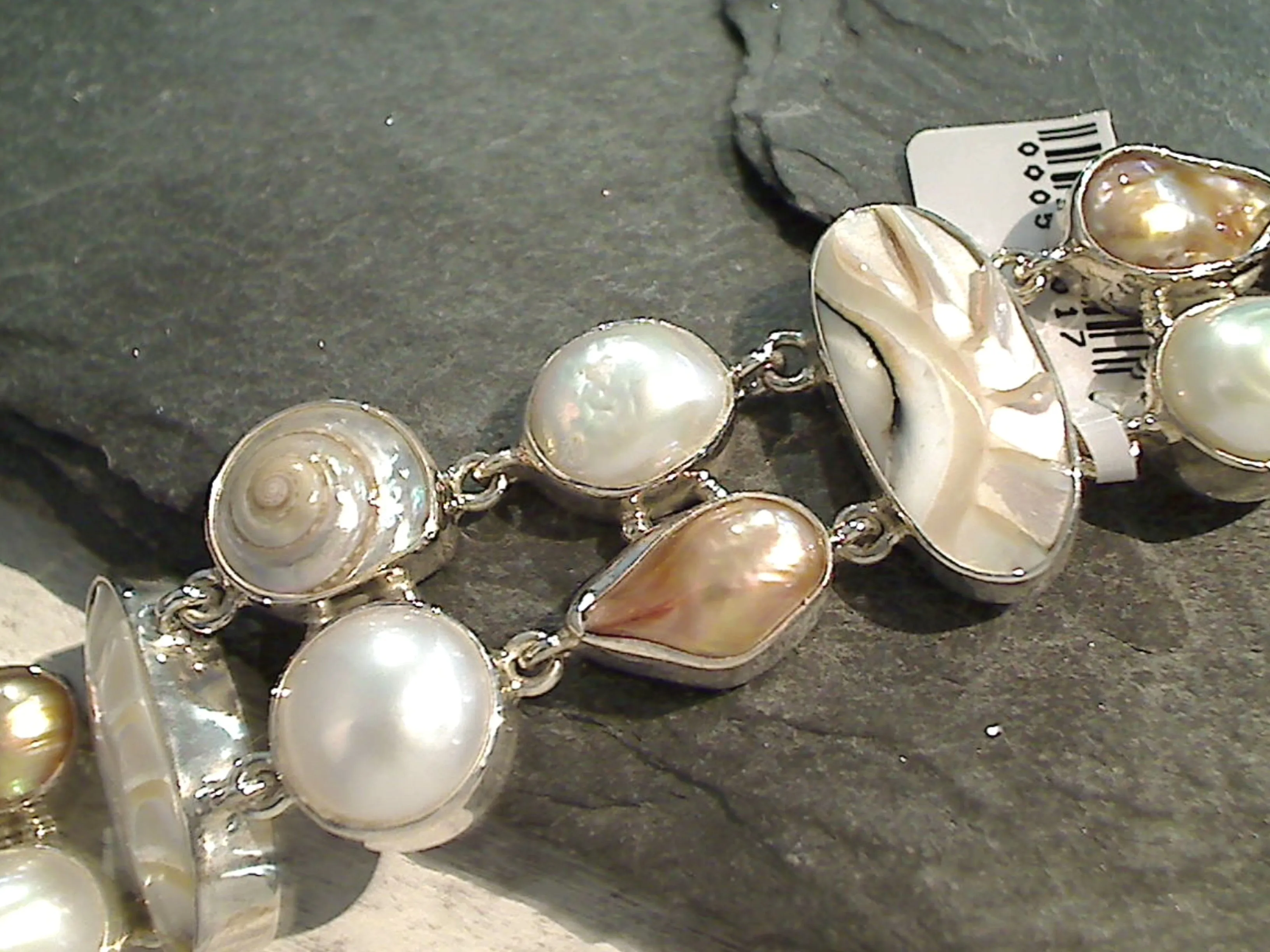 7" Shells, Pearls, Sterling Silver Bracelet