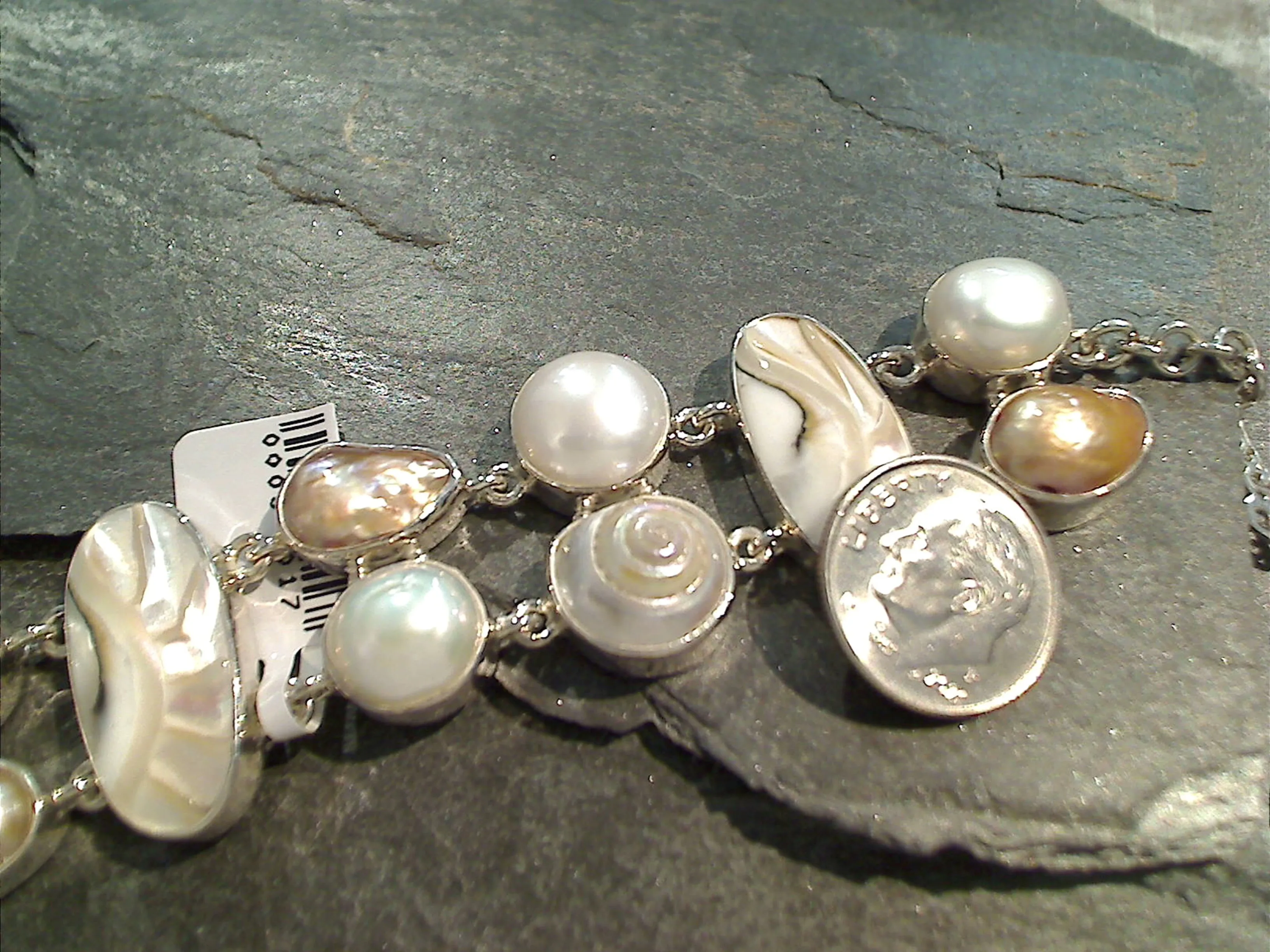 7" Shells, Pearls, Sterling Silver Bracelet