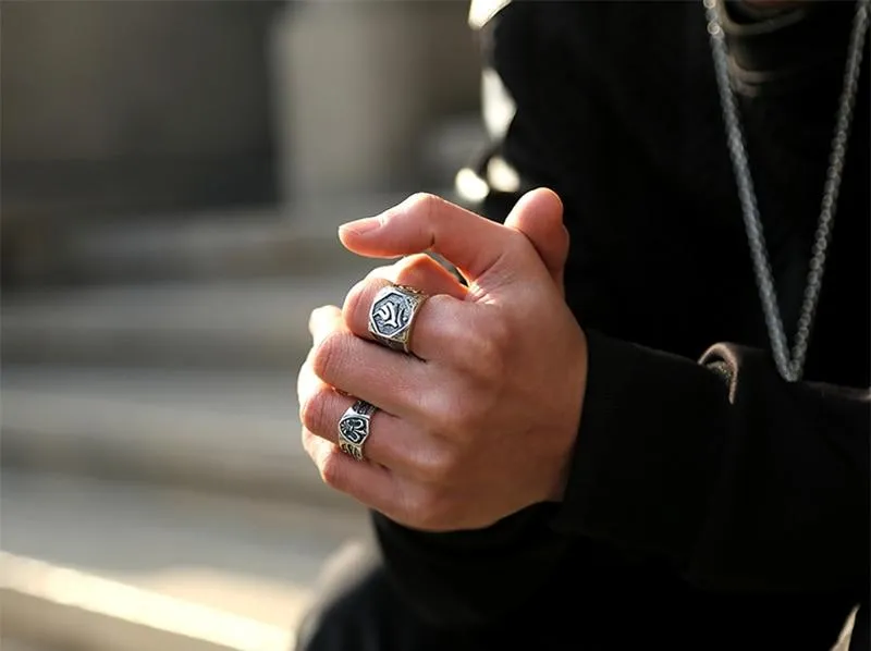 925 Silver Vintage Buddha Ring Men's Signet Steampunk Gold Biker Jewelry