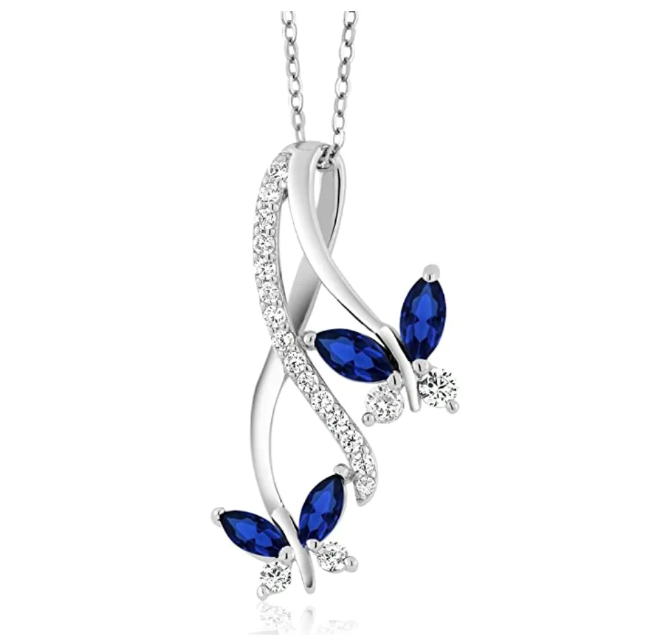 925 Sterling Silver Butterfly Necklace Created Blue Sapphire Diamond Butterfly Pendants Jewelry Butterfly Chain Birthday Gift Silver Color 18in.