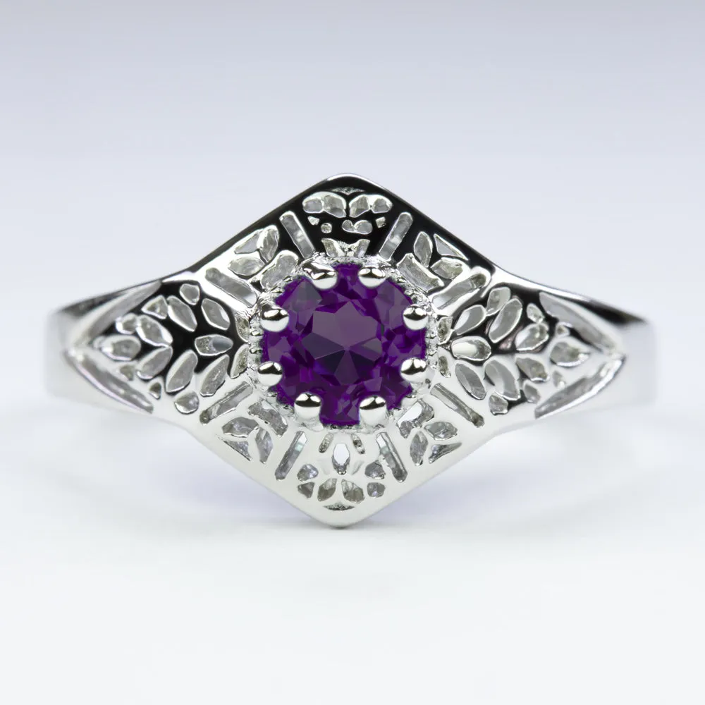 AMETHYST STERLING SILVER RING VINTAGE STYLE FILIGREE GEMSTONE ART DECO ROUND