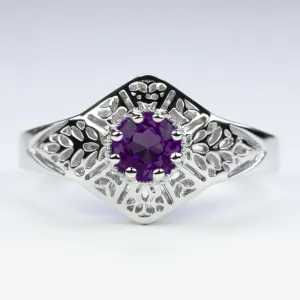 AMETHYST STERLING SILVER RING VINTAGE STYLE FILIGREE GEMSTONE ART DECO ROUND