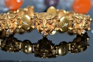 Antique 7 Inch Long Gold Overlay Unique Lion Bracelet