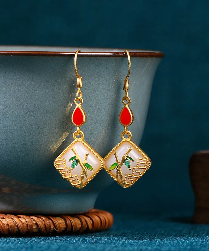 Art Gold Copper Overgild Inlaid Jade Gem Stone Bamboo Leaf Drop Earring KX1090