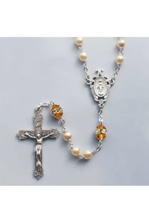 Birthstone Pearl and Rondelle Crystal Topaz (Nov) Rosary - HX41298TZ