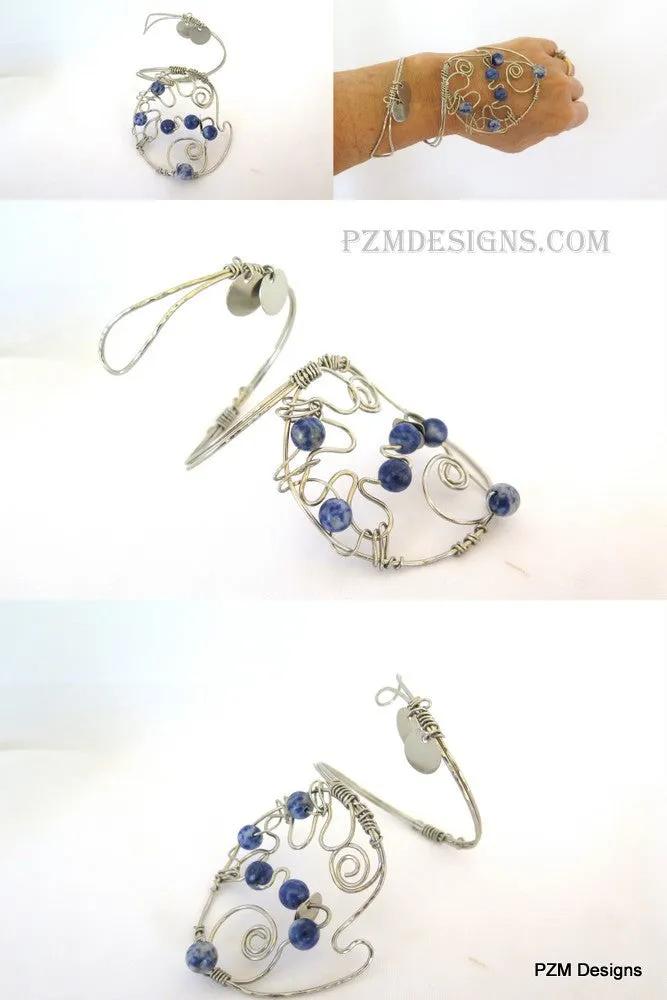 Blue Sodalite hand bracelet, Silver and gemstone hand cuff, modern boho chic bracelet