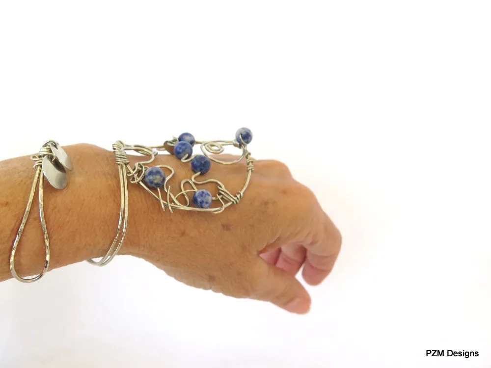 Blue Sodalite hand bracelet, Silver and gemstone hand cuff, modern boho chic bracelet