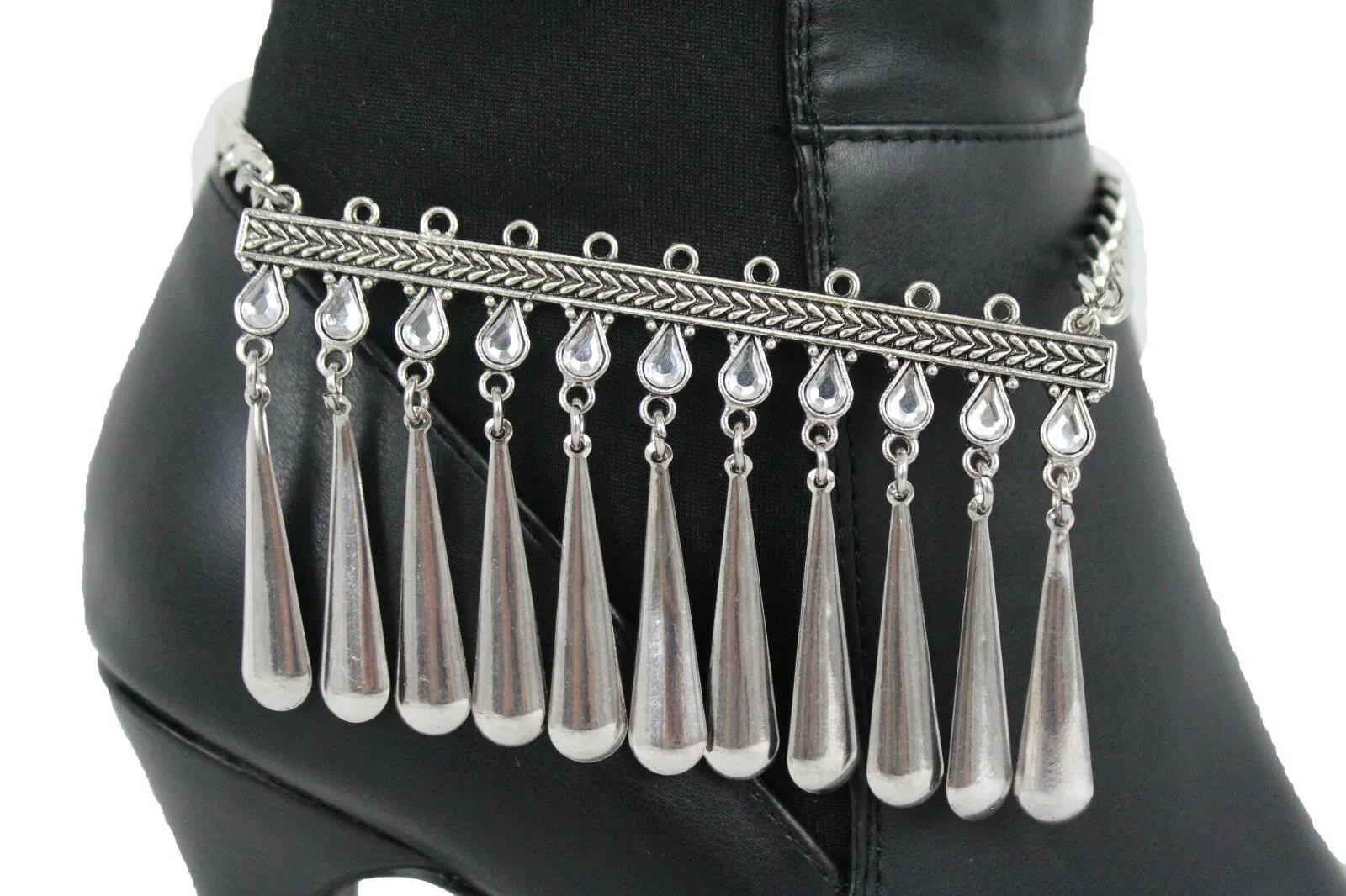 Boot Chain Silver Metal Shoe Anklet Bling Beads Dangel Charm Drop Strap