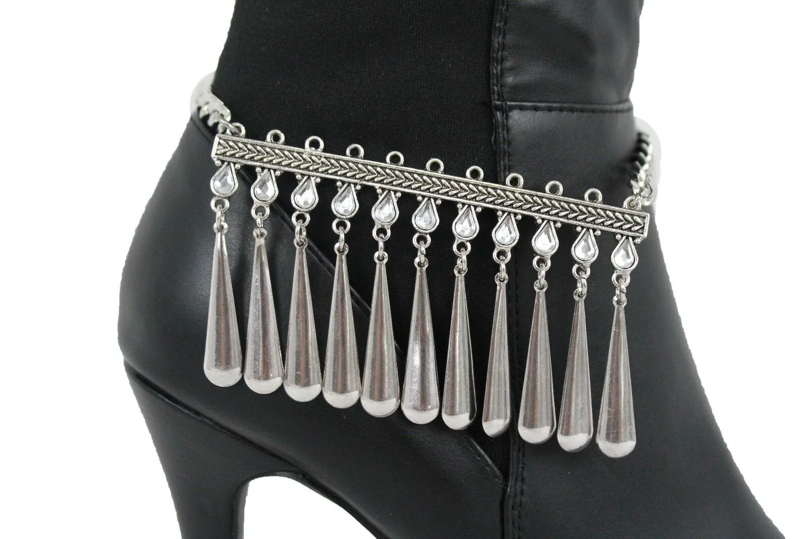 Boot Chain Silver Metal Shoe Anklet Bling Beads Dangel Charm Drop Strap