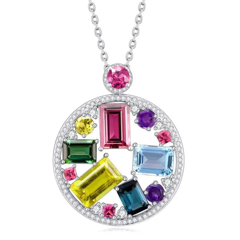 Colorful Jewel Round Pendant Sterling Silver 925 Jewelry for Women Rectangle Gemstones